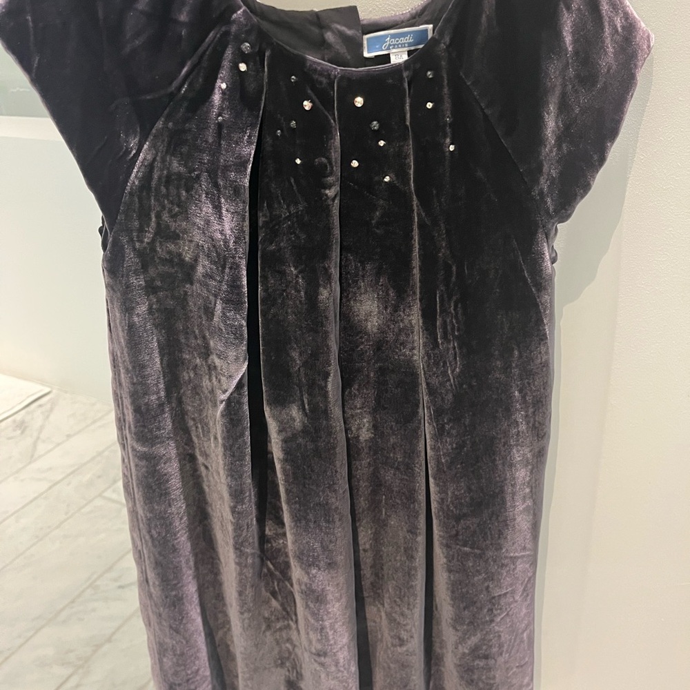 Grey Velvet Dress with Rhinestone Accents around Neckline